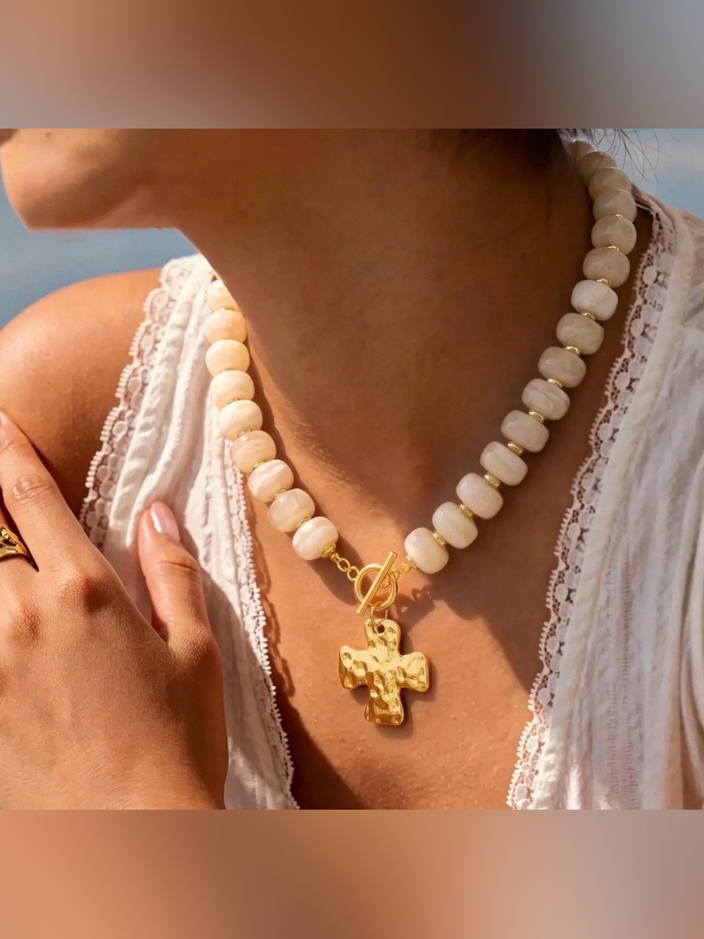 Gold Hammered Cross Beaded Choker Necklace Cream Off-White Beads